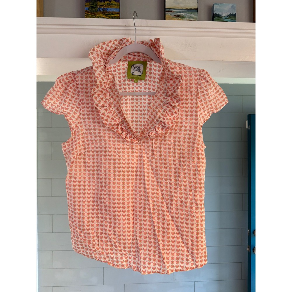 Elizabeth McKay Butterfly Print Ruffle Collar Silk Cotton Blouse Pink Orange 12